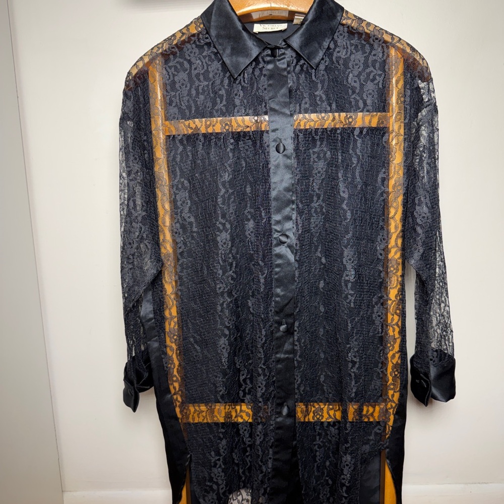 Vintage Victoria's Secret Black Lace Front Sleep Shirt